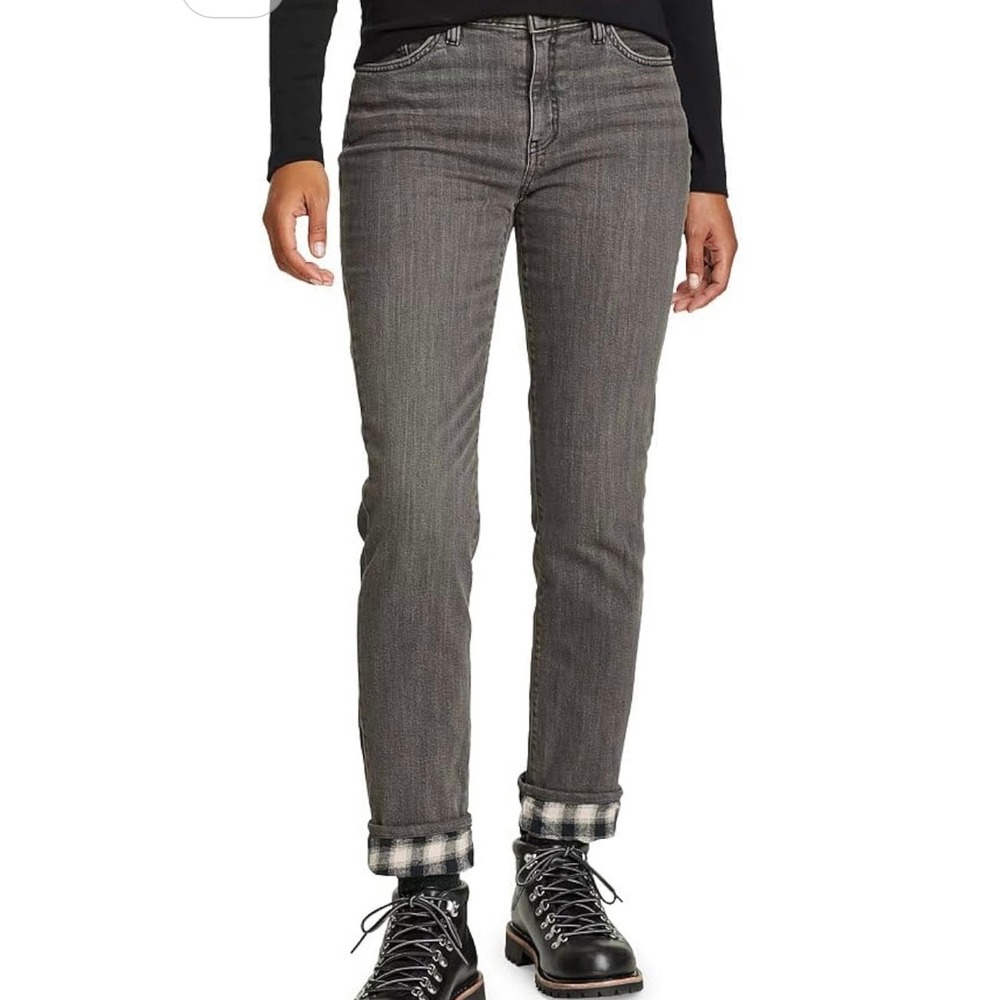 NWT Eddie Bauer Womens Boyfriend Mid Rise Straight Jeans 12 Flannel Lined Gray